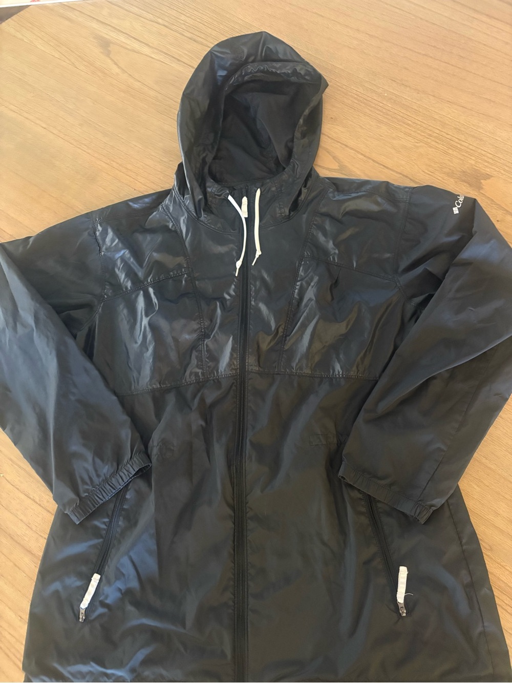 Columbia Women's Black Hooded Windbreaker with White Drawcords - Sz L